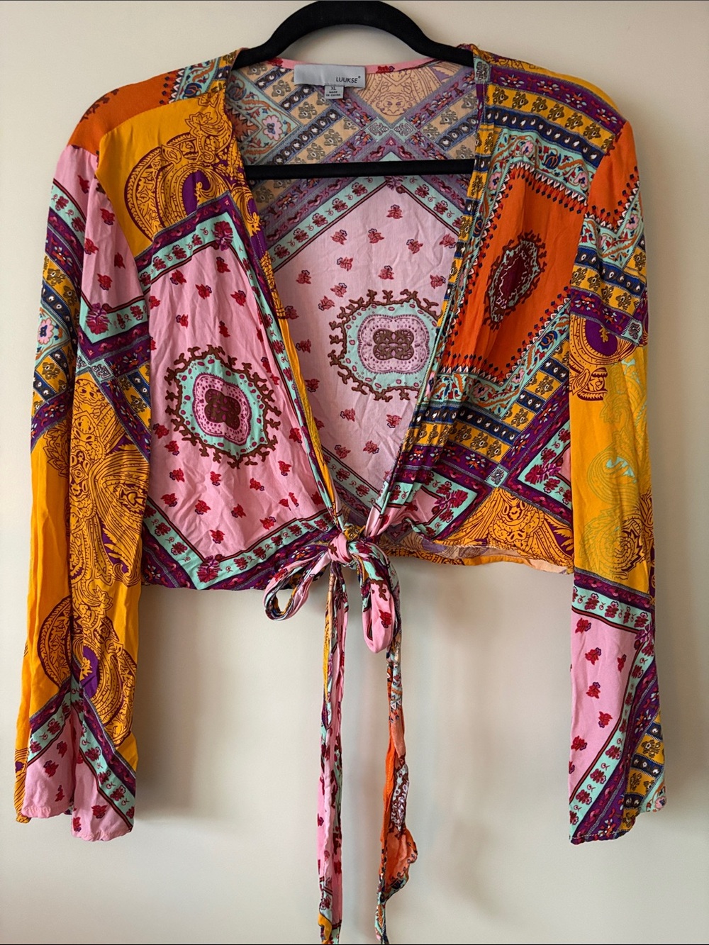 2 piece Bohemian Tie-Front cropped blouse with maxi wrap skirt in Pink & Orange - Picture 3 of 8